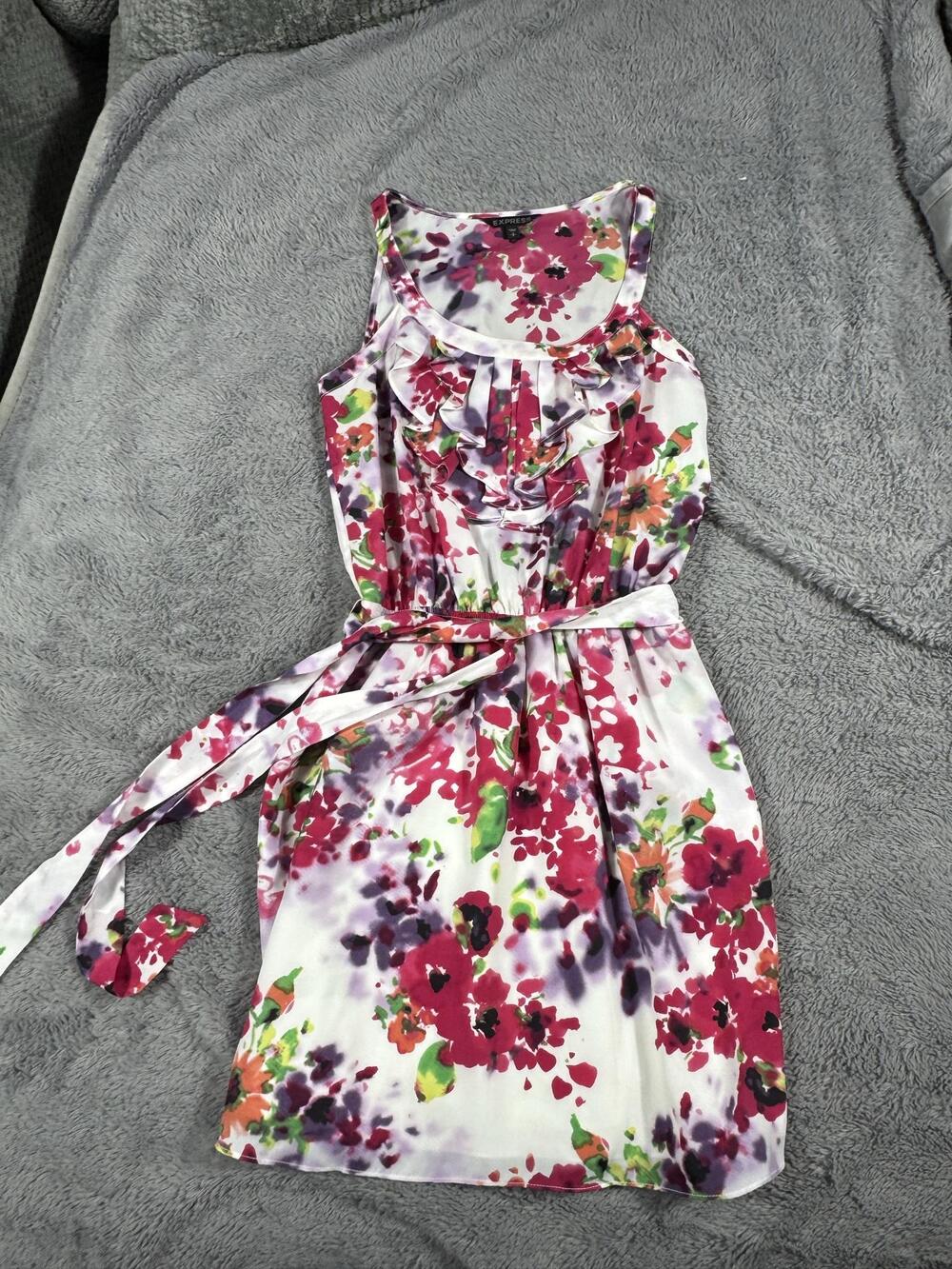 Express Dress Womens Small White Floral Sleeveless Ruffle Belted Fit Flare